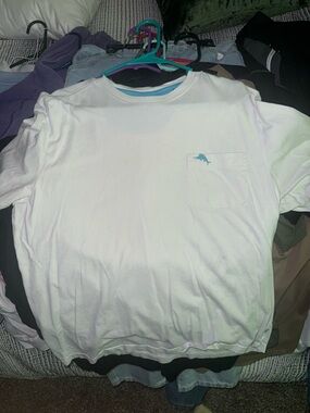 Tommy Bahama White Short-Sleeve Pocket Tee with Light Blue Dolphin